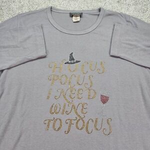 Hocus Pocus I Need Wine to Focus Top Womens XL Halloween Gray 3/4 Sleeve T-Shirt